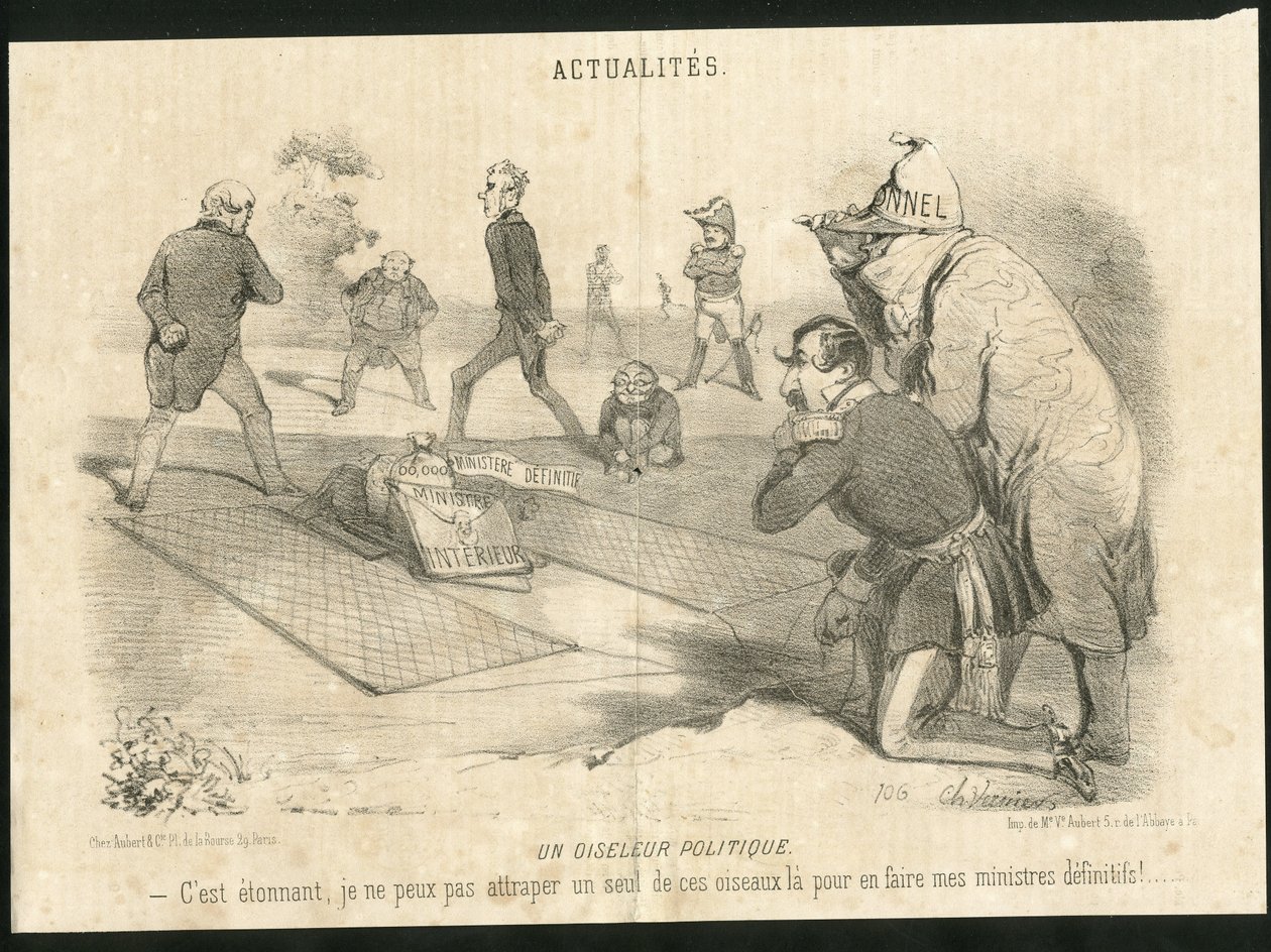 Illustrazione di Charles Vernier (? -1887) in Le Charivari - Un oiseleur politique - Presidente della Repubblica, Ministero dell