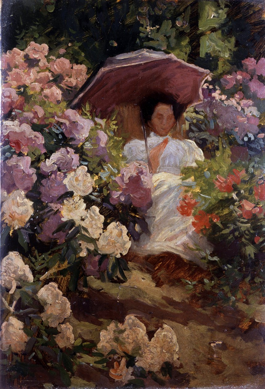 Ragazza con ombrellone. Ragazza con ombrellino in un giardino fiorito. Dipinto di Charles Wellington Furse (1868-1904 inglese) Collezione privata da Charles Wellington Furse