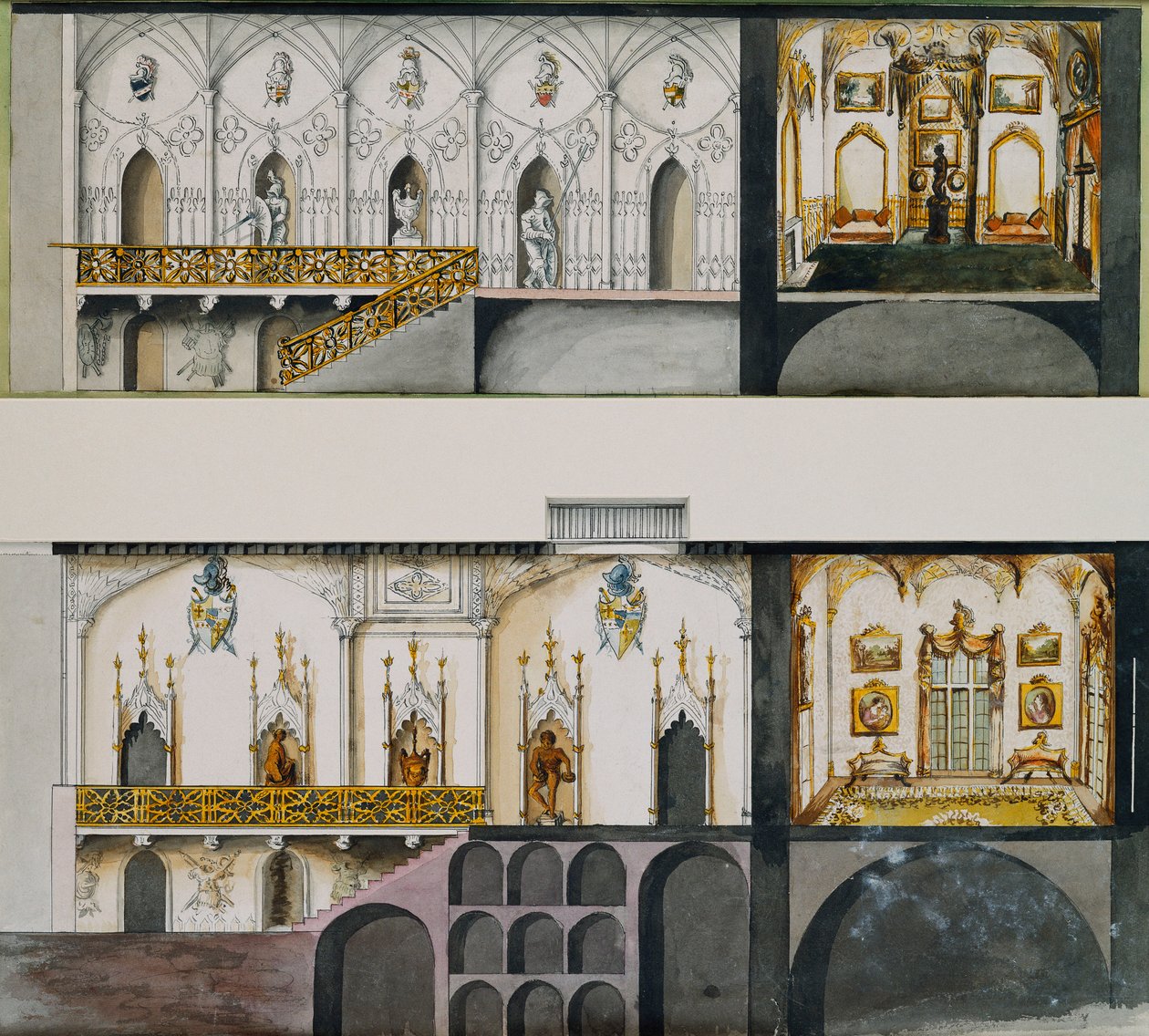 Progetti alternativi per la sala, galleria e salotto al Castello di Charleville: Sezioni da Charles William Bury