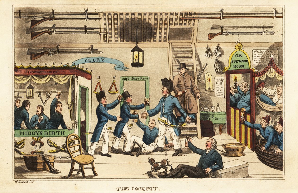 Johnny Newcome che beve grog nel cockpit con altri middy da Charles Williams