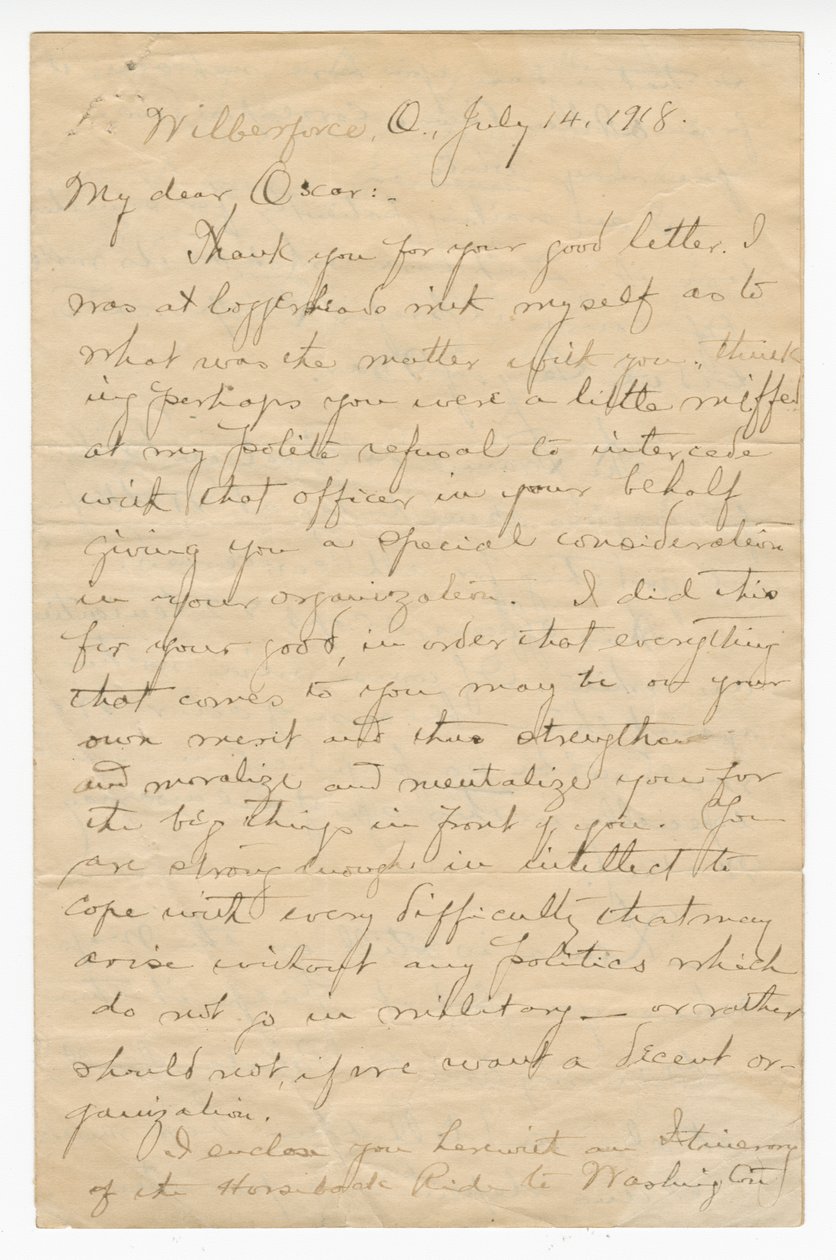 Lettera a Oscar W. Price dal colonnello Charles Young, 14 luglio 1918 da Charles Young