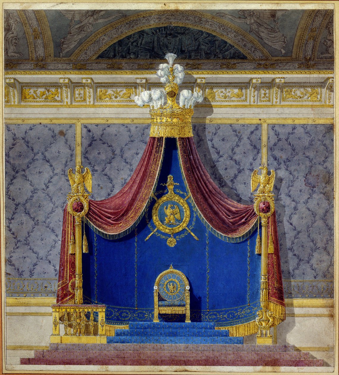 Arte Francia: Il trono di Napoleone I al Palazzo delle Tuileries creato da Charles Percier (1764-1838) e Pierre François Léonard Fontaine (1762-1853), architetti e decoratori francesi. Collezione privata da Charles and Fontaine Pierre Percier