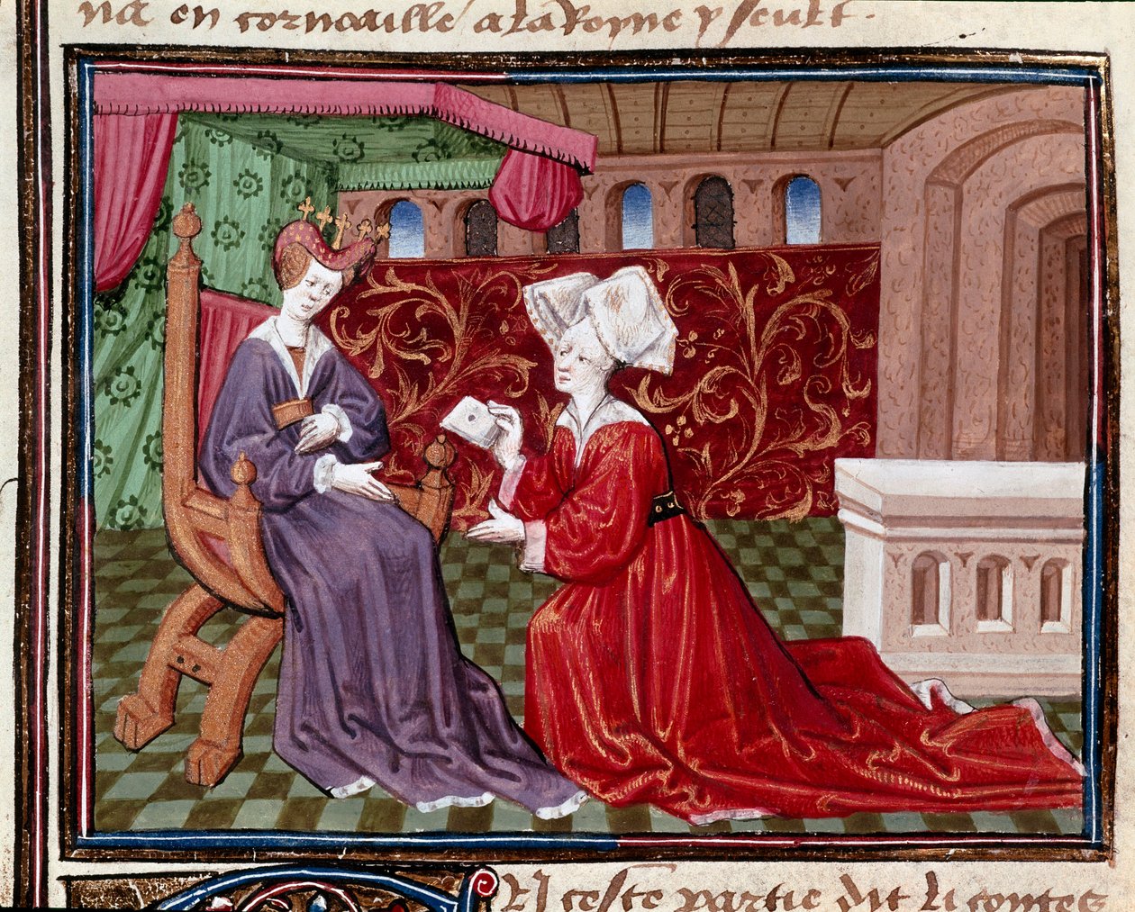 Una ancella porta una lettera alla regina Iseut (o Isult). Miniatura tratta da 