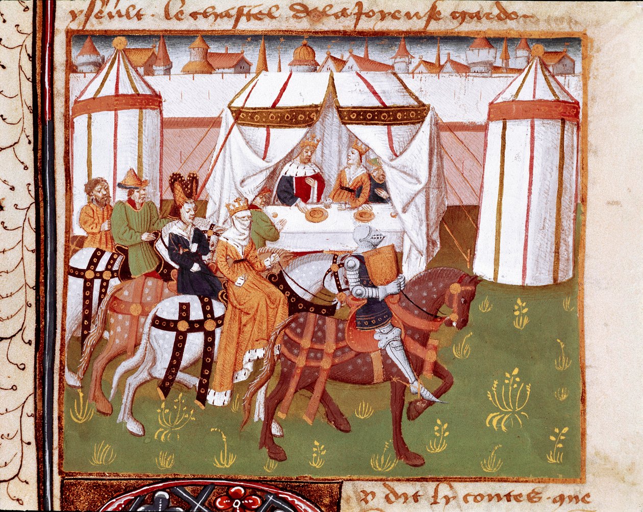 Arrivo dei cavalieri al banchetto dato da Re Artù e Regina Ginevra a Camelot. Miniatura tratta da 