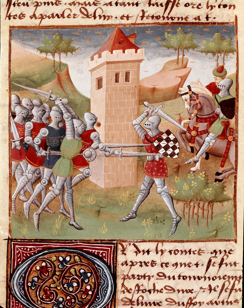 Lancillotto del Lago combatte dei cavalieri, miniatura tratta da 