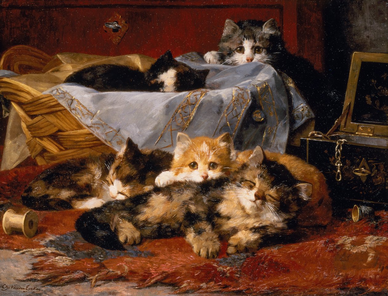 Gattini vicino a un cestino da cucito da Charles van den Eycken