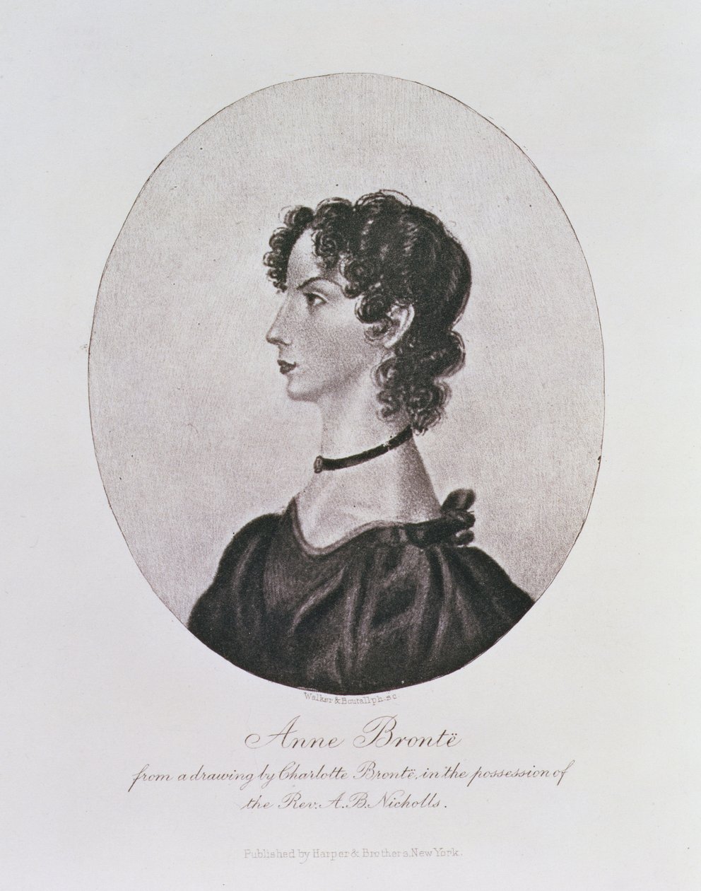 Ritratto di Anne Bronte (1820-49) da un disegno in possesso del Rev. A. B. Nicholls, inciso da Walker e Boutall da Charlotte Bronte