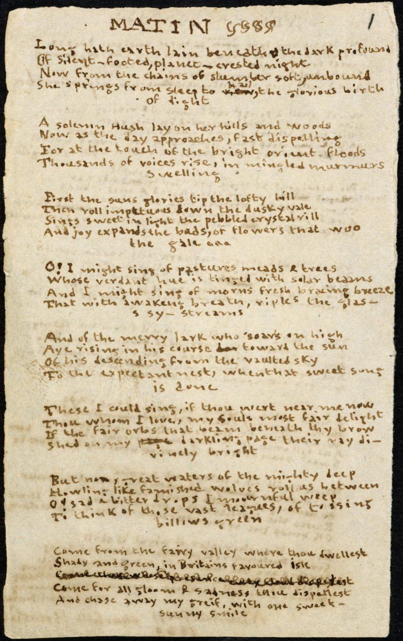 Poesia di Charlotte Bronte. Copia autografa corretta, con cancellature, della poesia 