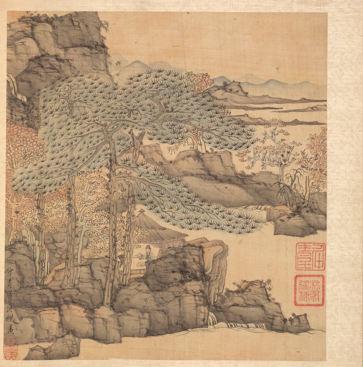 Dipinti dopo i maestri antichi: Studioso che legge in una capanna di paglia vicino a una cascata, 1598-1652 da Chen Hongshou
