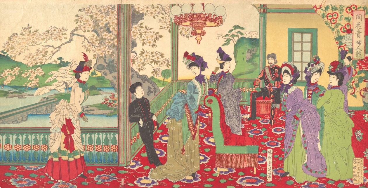 Una gara di eleganti signore tra i fiori di ciliegio, settembre 1887 da Chikanobu Yoshu