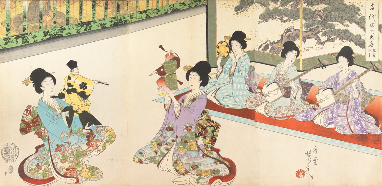 Dame di compagnia del Castello di Chiyoda: Pratica della spada e Kyogen di burattini da Chikanobu Yoshu