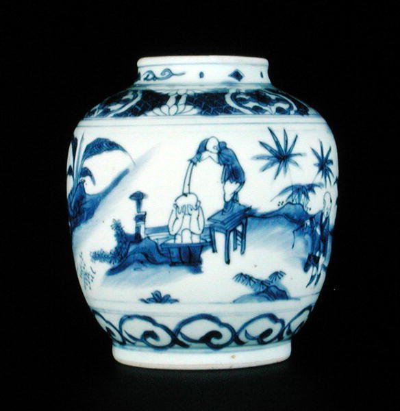 Vaso blu e bianco dipinto con un ragazzo che fa il bagno, Wanli o Chongzheng, 1600-30 da Chinese School
