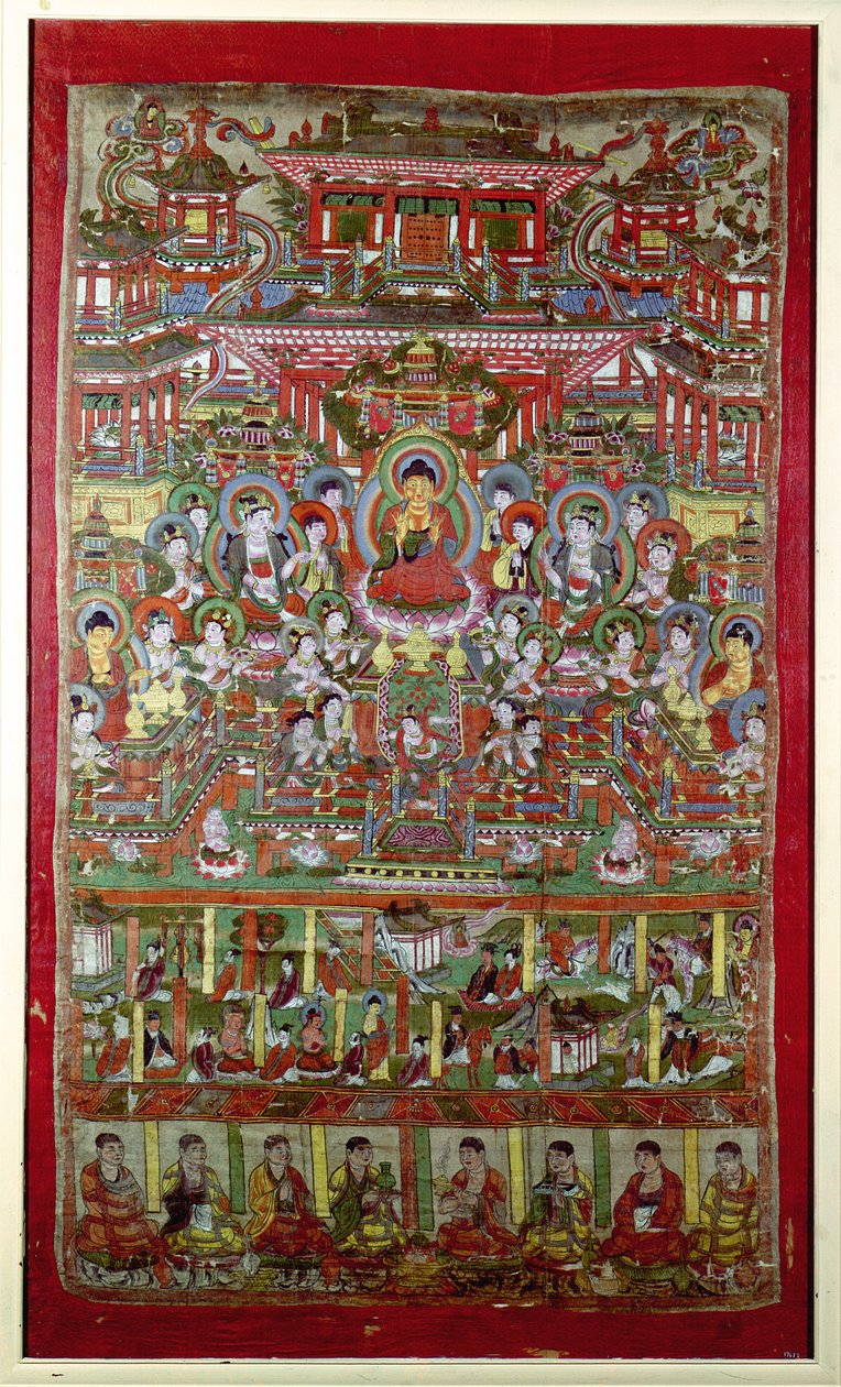 Paradiso di Amitabha, da Dunhuang, Provincia di Gansu (seta dipinta) da Chinese School