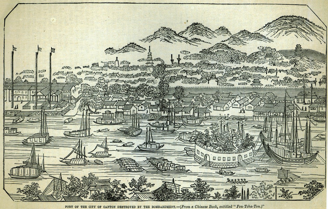 Porto della città di Canton, distrutto dal bombardamento, illustrazione cinese stampata in 