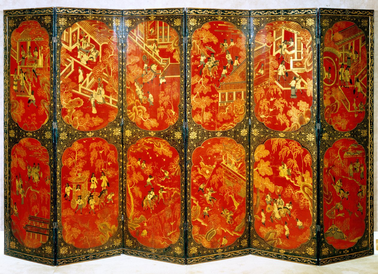 Schermo a Sei Pannelli che Raffigura Figure Europee in Pannelli Rossi con Bordi Neri, c.1720 da Chinese School