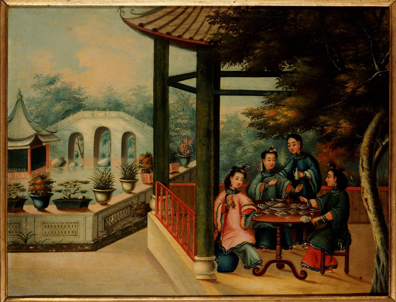 Scena di un giardino cinese con signore che prendono il tè, metà del XIX secolo da Chinese School