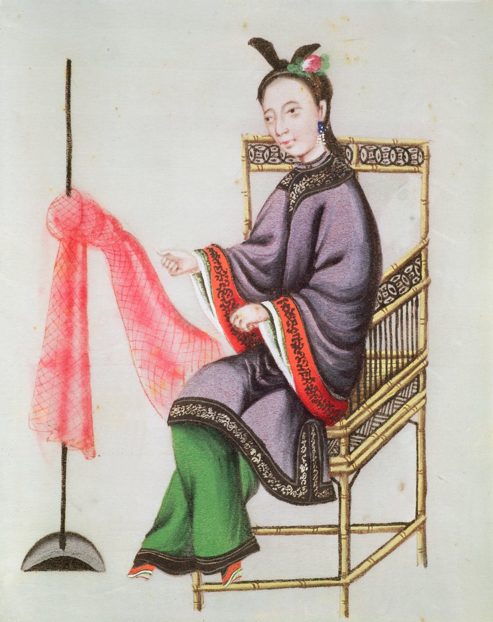 Una donna cinese che fa una rete da pesca, Periodo Qianlong (1736-96) da Chinese School