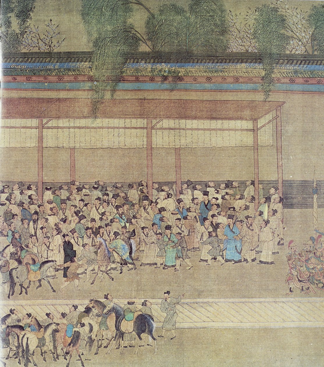 Antichi cinesi in attesa dei risultati degli esami, facsimile di rotolo cinese originale da Chinese School