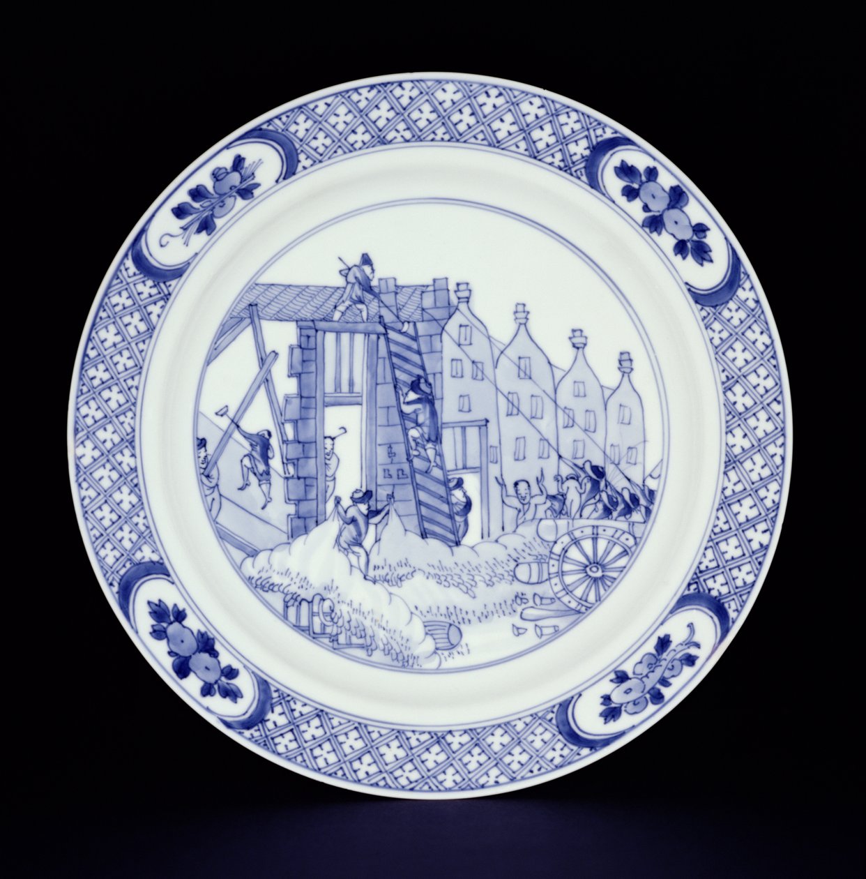 Piatto blu e bianco raffigurante i disordini di Rotterdam (porcellana) da Chinese School