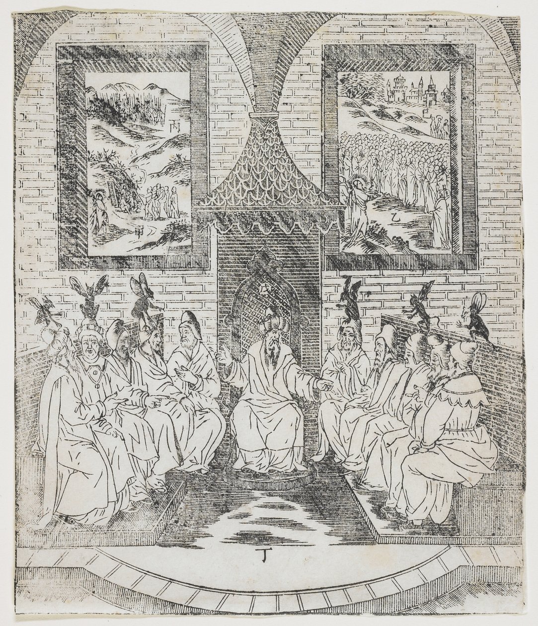 Caifa e il consiglio degli anziani, tavola da Tianzhu jiangsheng zhuxiang jingjie di Giulio Aleni (Una storia illustrata del Signore del Cielo che si è incarnato nella carne), Chiesa di Jinjiang, Fuji da Chinese School