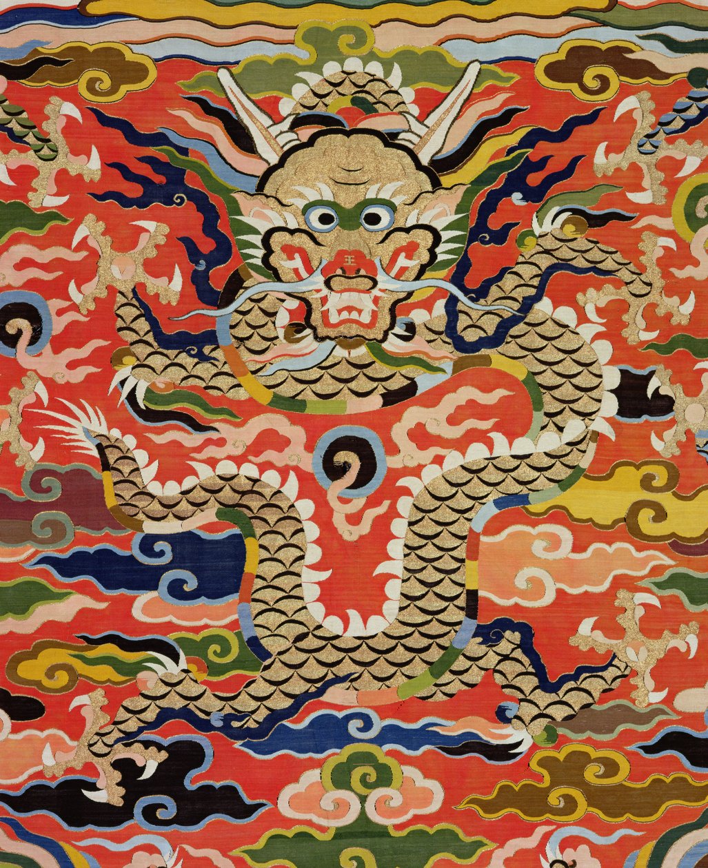 Dettaglio di un tessuto raffigurante un drago a cinque artigli, periodo Wanli, 1573-1619 (seta) da Chinese School