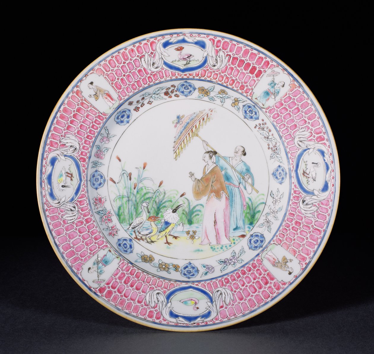 Piatto da cena dipinto in Famille Rose raffigurante La Dame au Parason, dopo un disegno di Cornelis Pronk, periodo Qianlong c.1734 da Chinese School