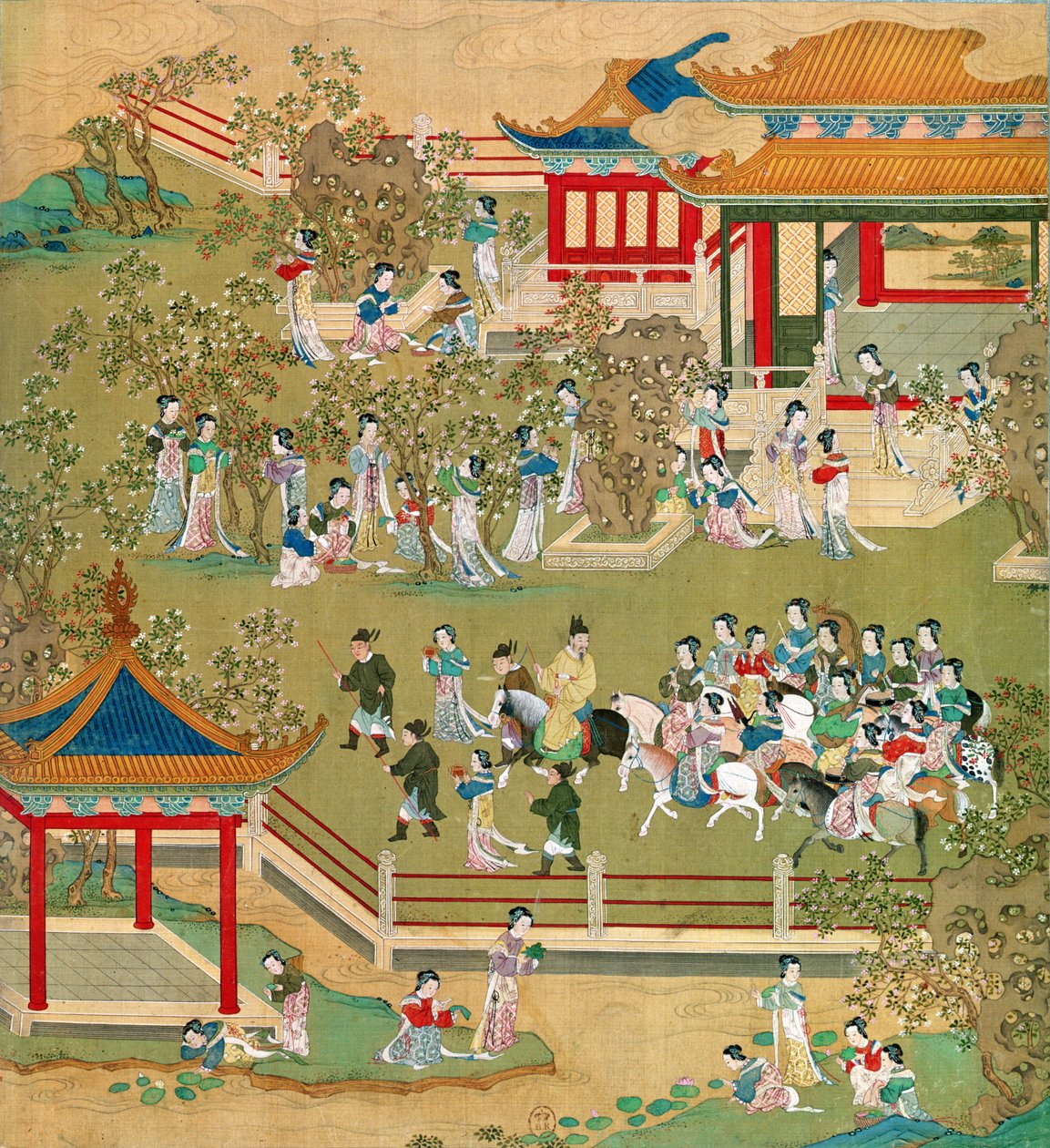 Imperatore Yang Ti (581-618) che passeggia nei suoi giardini con le sue mogli, da una storia degli imperatori cinesi da Chinese School