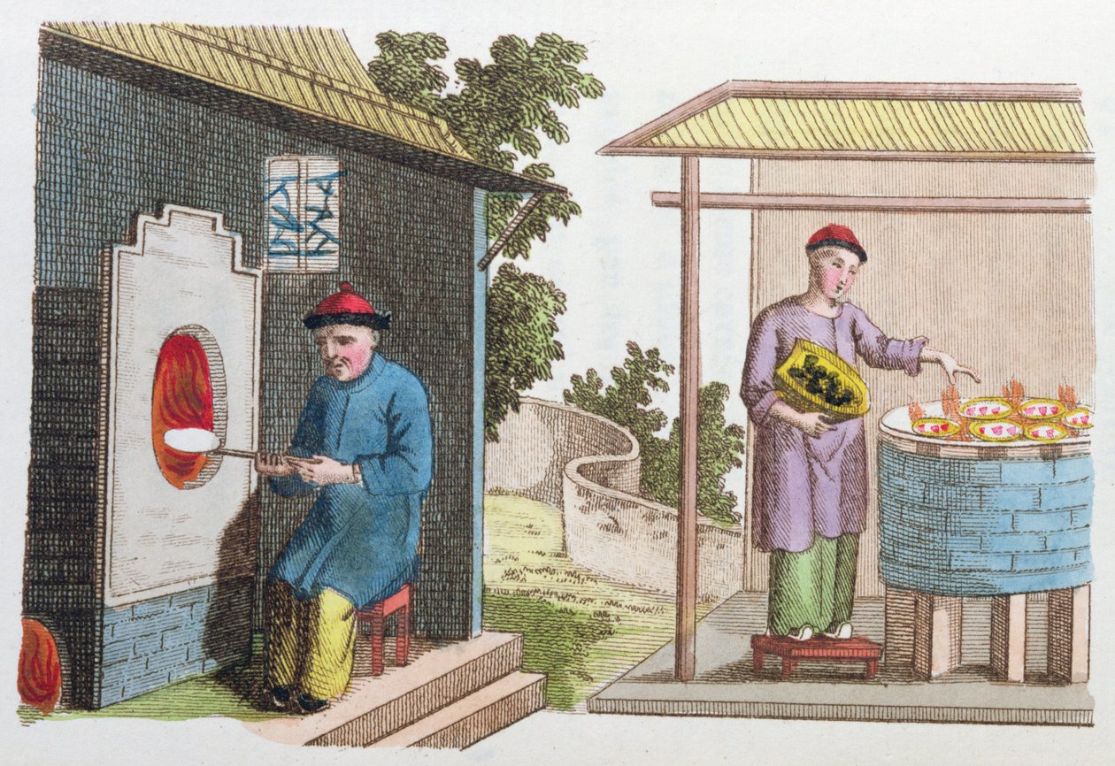 Cottura della porcellana in Cina alla fine del XVIII secolo, da La Chine en Miniature, di J.B. Breton, Parigi, edito da Nepveu, 1811 da Chinese School