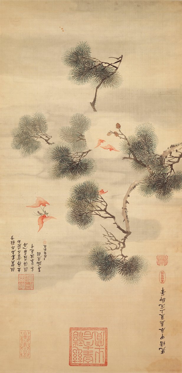 Cinque pipistrelli tra un ramo di pino, 1844 da Chinese School