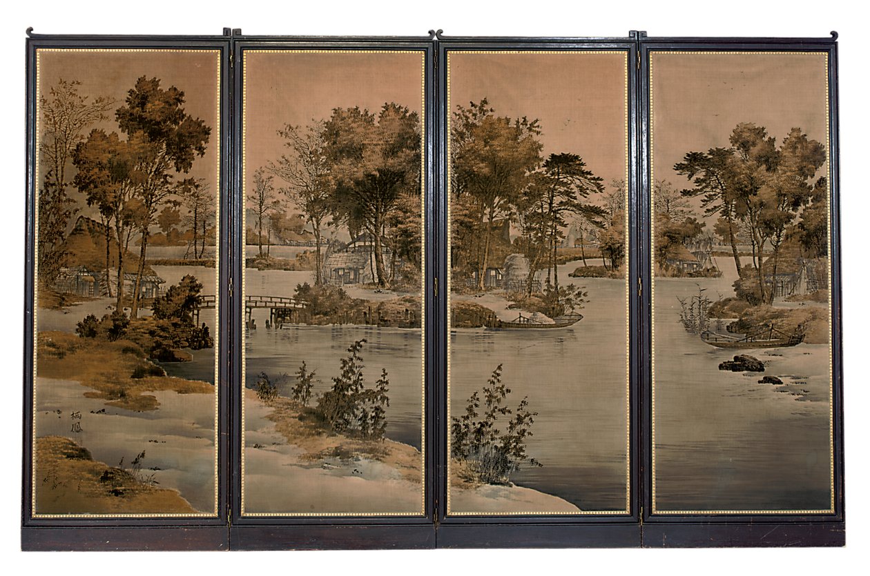Schermo a quattro ante con pannelli di velluto, tessuto con un paesaggio fluviale in toni di grisaglia da Chinese School
