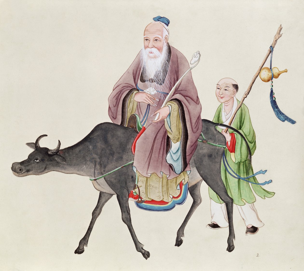 Lao-Tzu (c.604-531) sul suo bufalo, seguito da un discepolo da Chinese School