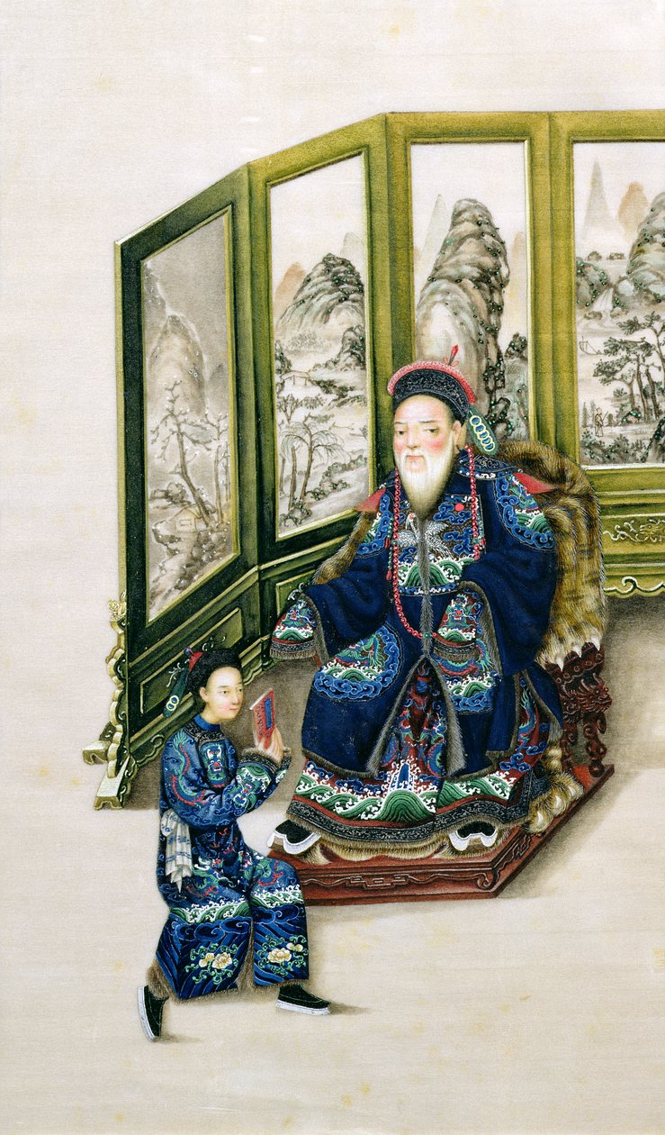 Vecchio seduto con un servitore che legge da Chinese School