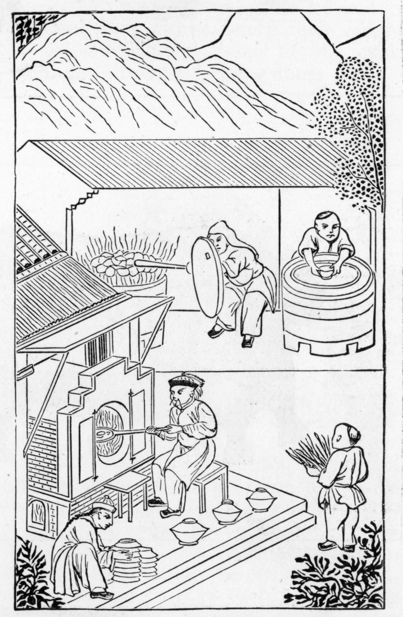 Apertura e chiusura dei forni, da una serie di illustrazioni sulla fabbricazione della porcellana da Chinese School