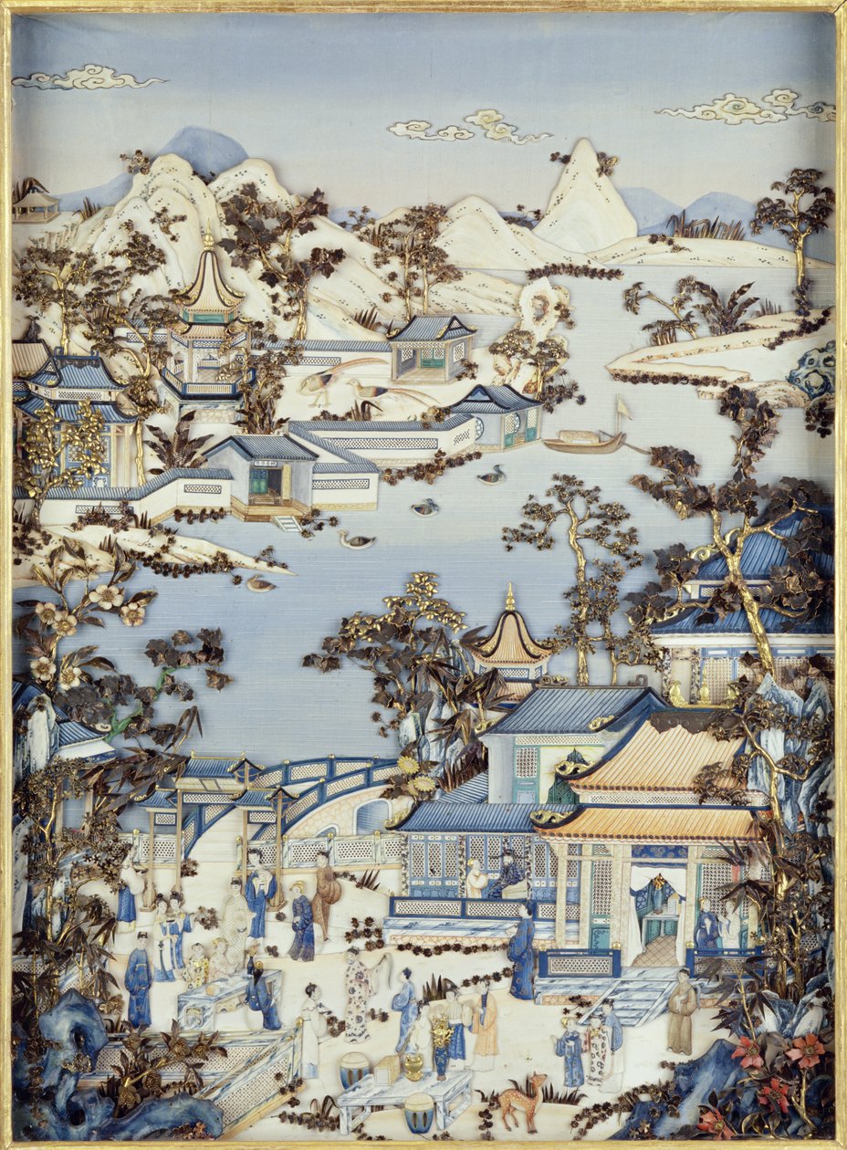 Pannelli che raffigurano figure su una terrazza, periodo Qianlong, 1736-95 da Chinese School