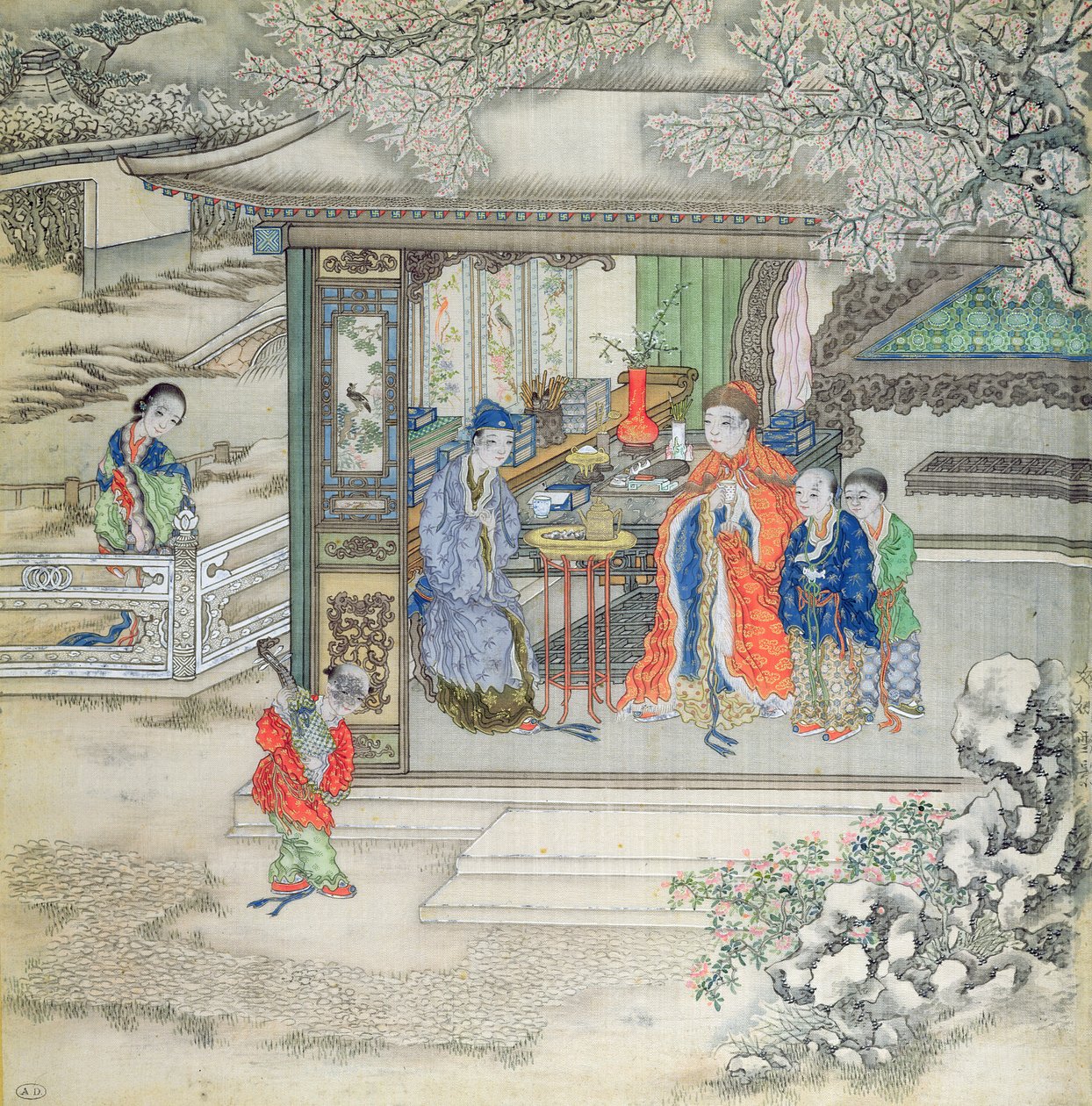 Scena in un giardino con una famiglia che riceve visitatori da Chinese School