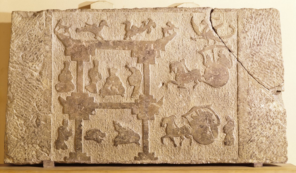 Lastra decorata con carrozze e uccelli mitici, Dinastia Han (206 a.C.-220 d.C.) da Chinese School