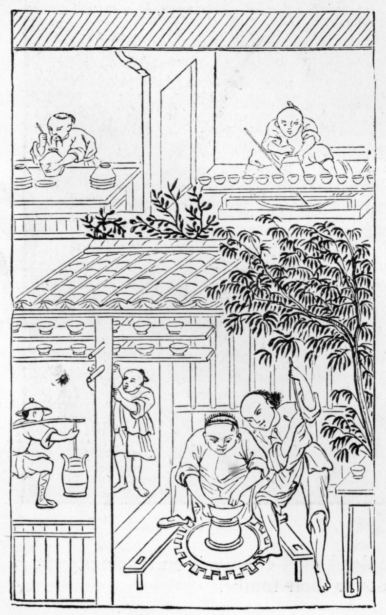 Tornitura delle bacinelle, da una serie di illustrazioni sulla fabbricazione della porcellana da Chinese School