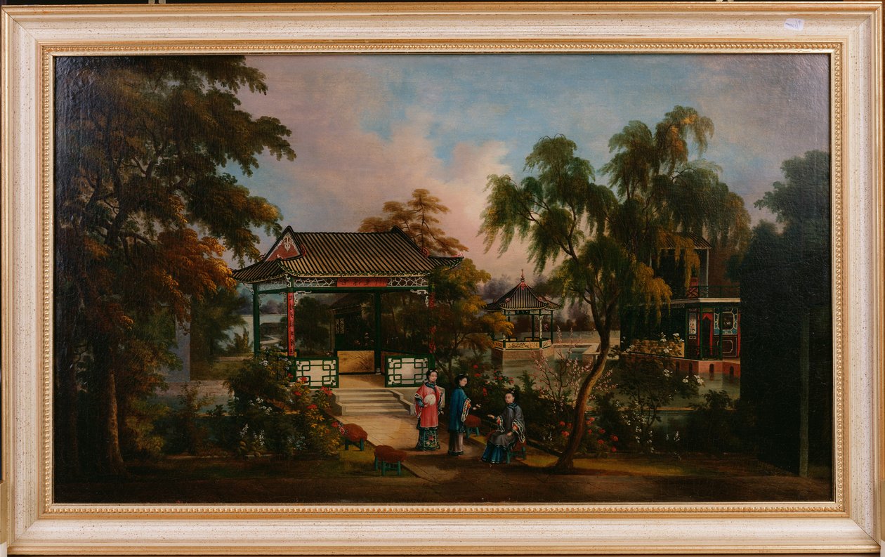 Veduta del Giardino di Howqua a Canton con signore presso un padiglione da Chinese School