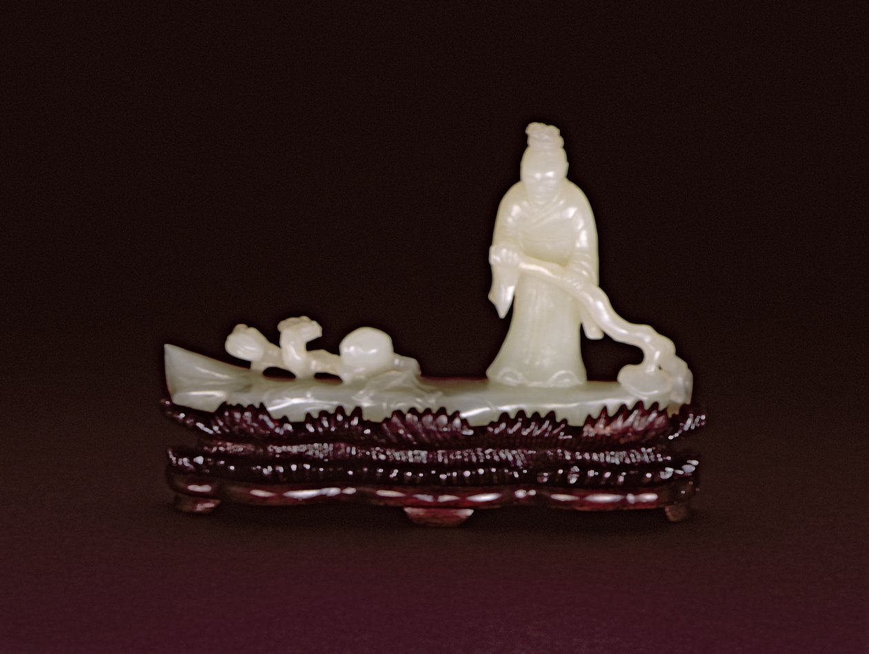 Zhang Qian su una zattera di tronchi che guida con un ramo di lingzhi accanto a un ramo di lingzhi e una pesca da Chinese School