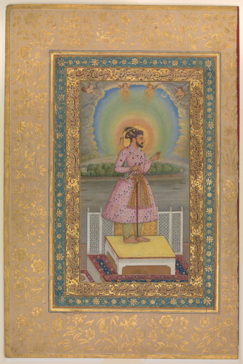 Shah Jahan su una terrazza, con un pendente con il suo ritratto, foglio dall
