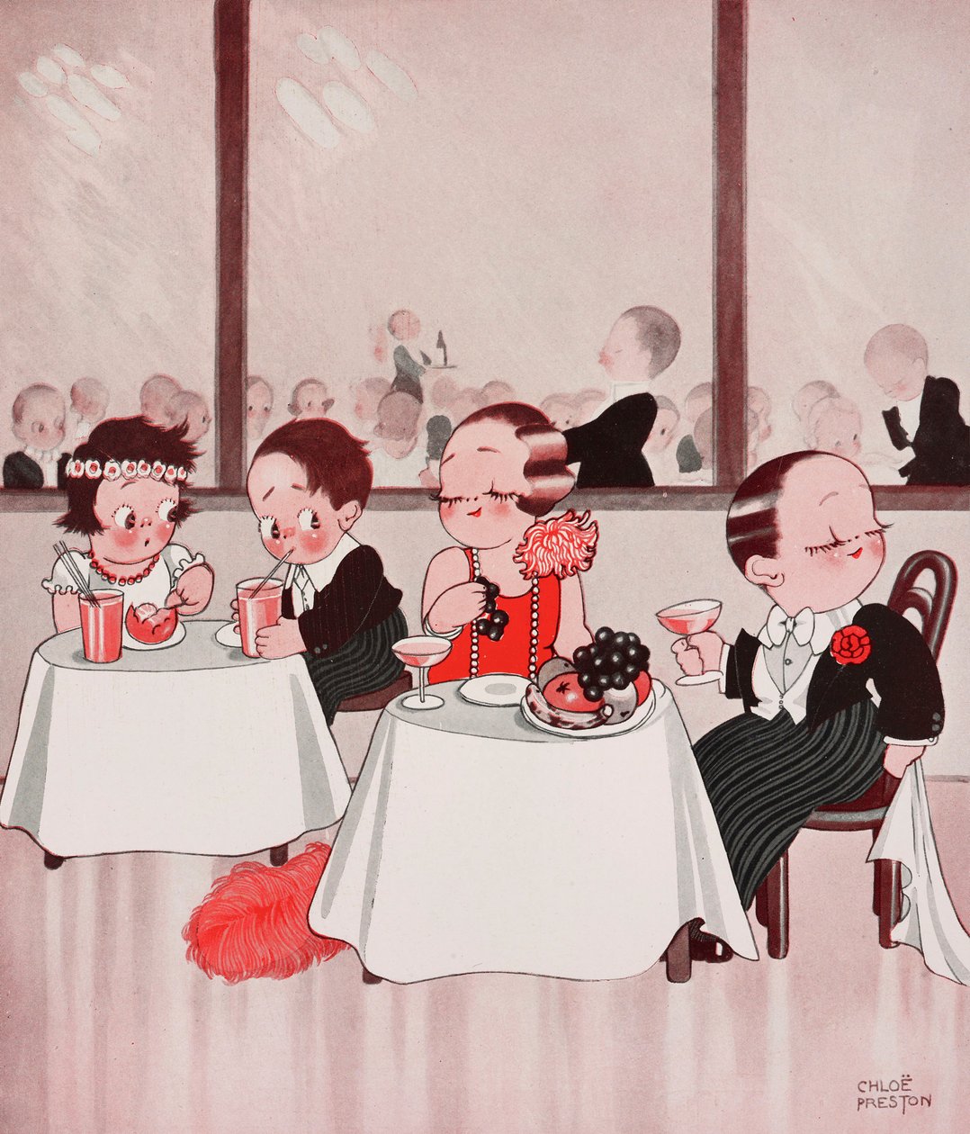 Topi di città e topi di campagna, cittadini raffinati contro compaesani non raffinati, scena di un ristorante, disegno di Chloe Preston (1887-1969) da The Tatler, n. 1384, 4 gennaio da Chloe Preston