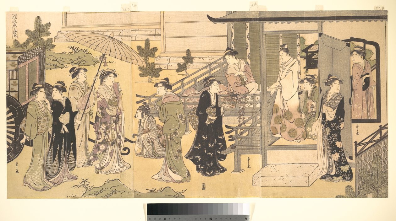 Una scena travestita dal Racconto di Genji (Fūryū Yatsushi Genji), capitolo 33, «Foglie di glicine (Fuji no uraba)» da Chobunsai Eishi