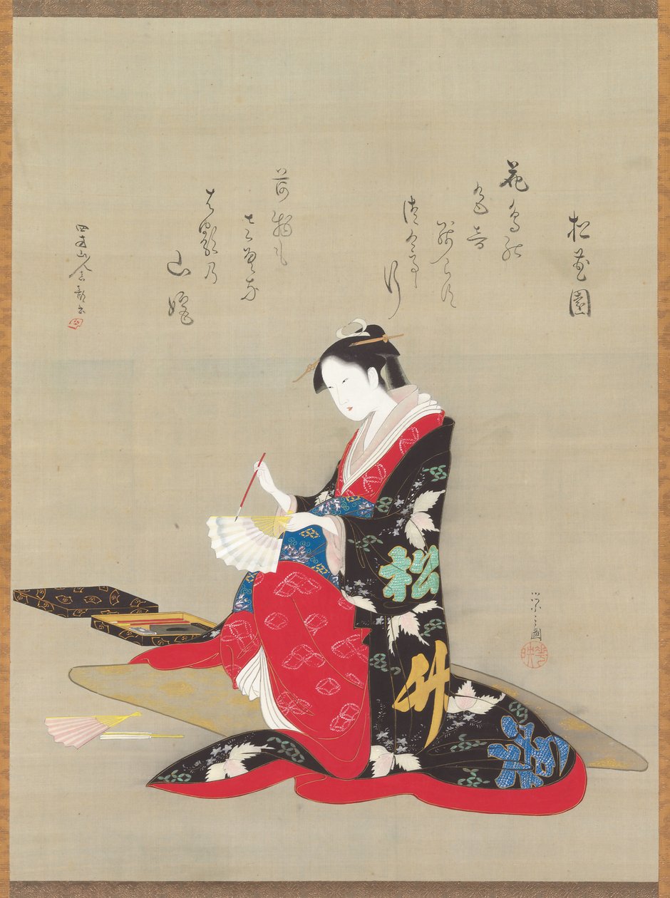 Bellezza che scrive una poesia su un ventaglio da Chobunsai Eishi