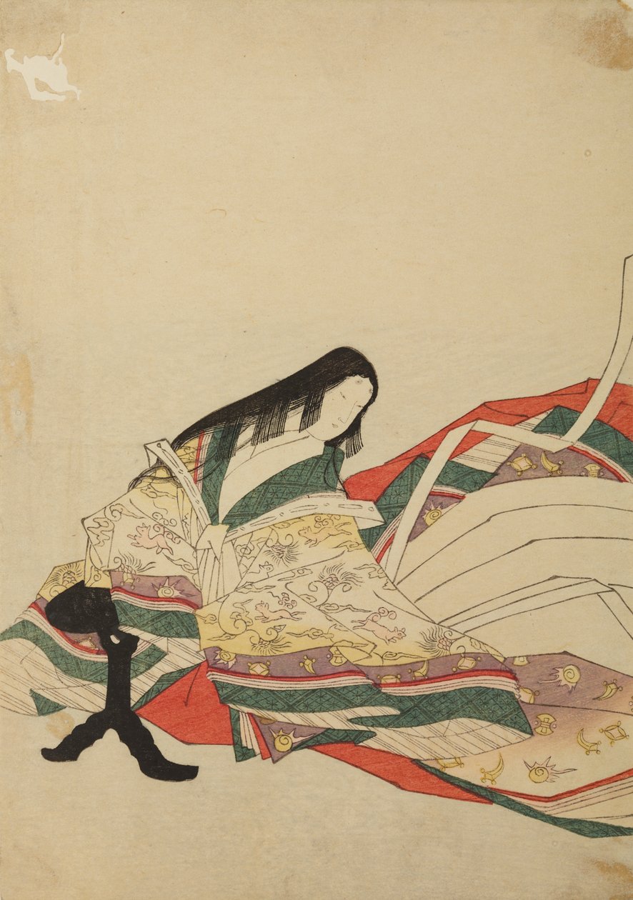 Una dama di corte seduta davanti a un tavolino nero, illustrazione tratta dall’album: Nishiki-zuri onna sanju rokkasen e-zukushi da Chobunsai Eishi