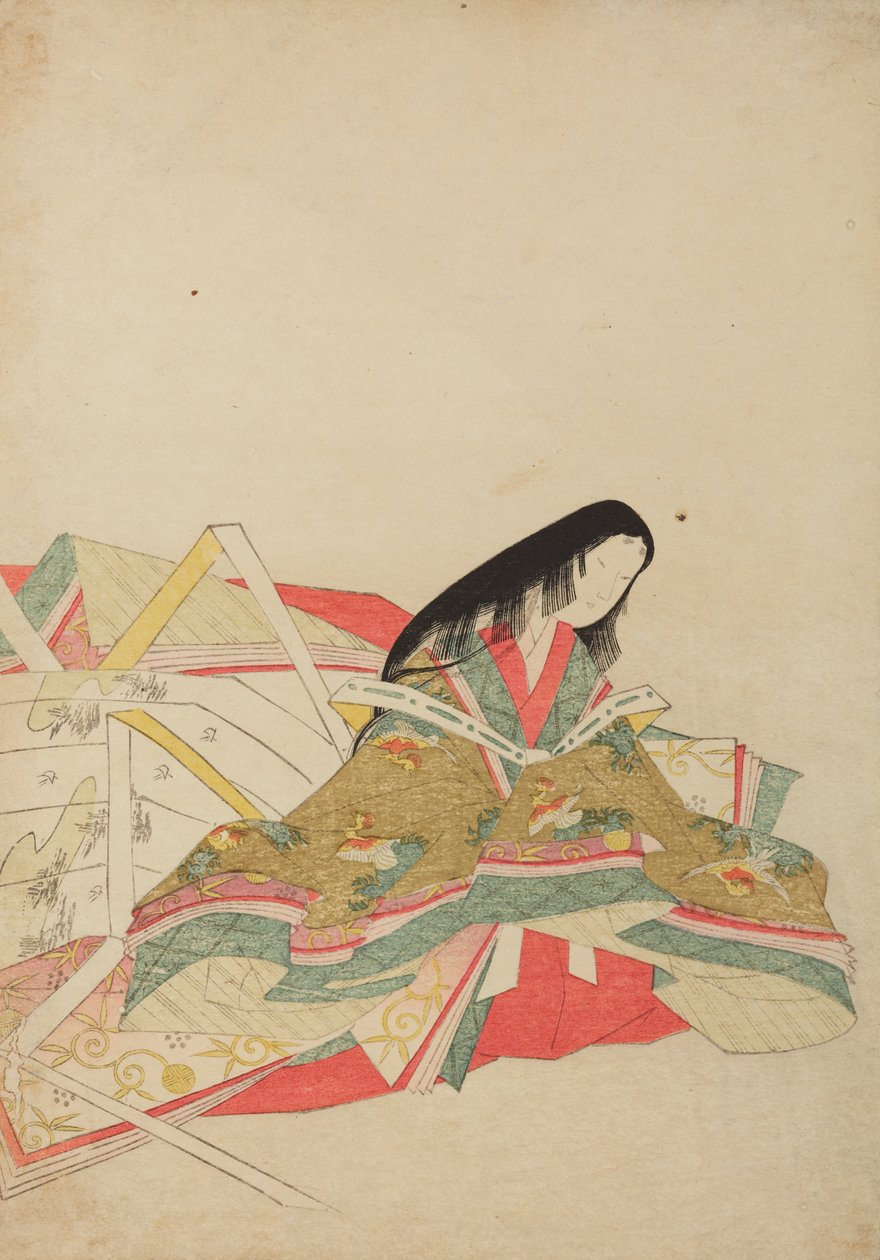 Una dama di corte seduta in un abito con motivi di uccelli hoo, tavola tratta dall’album: Nishiki-zuri onna sanju rokkasen e-zukushi da Chobunsai Eishi