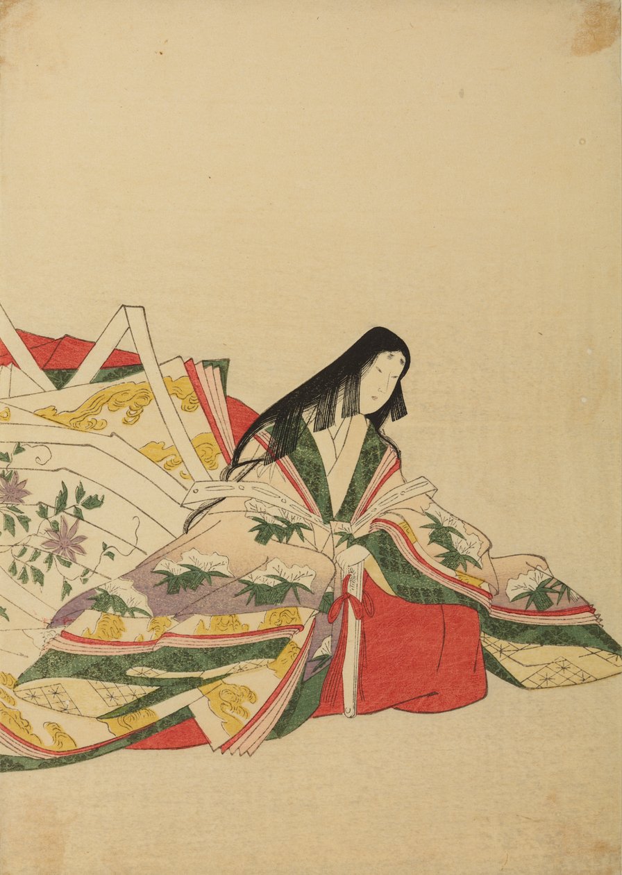 Dama di corte seduta, appoggiata a un ventaglio, illustrazione tratta dall’album: Nishiki-zuri onna sanju rokkasen e-zukushi da Chobunsai Eishi
