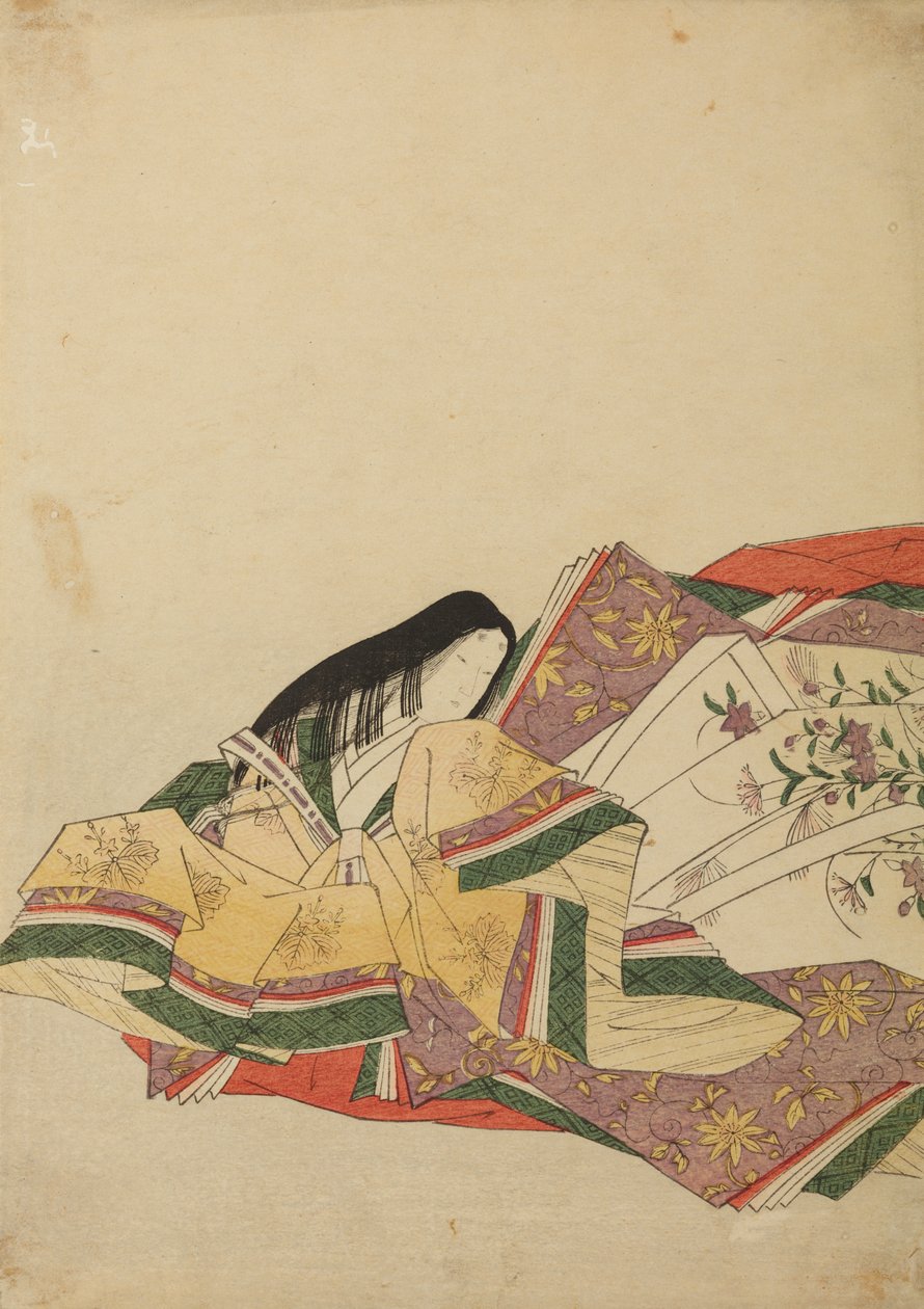 Dama di corte seduta, rivolta verso sinistra, tavola tratta dall’album: Nishiki-zuri onna sanju rokkasen e-zukushi da Chobunsai Eishi