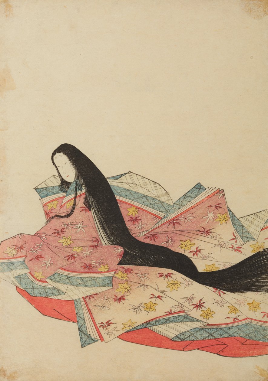 Dama di corte seduta, rivolta verso sinistra, con un abito lilla-rosa, tavola tratta dall’album: Nishiki-zuri onna sanju rokkasen e-zukushi da Chobunsai Eishi