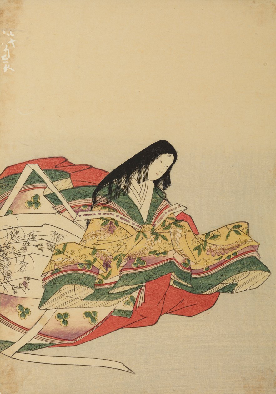 Dama di corte seduta, rivolta verso destra, tavola tratta dall’album: Nishiki-zuri onna sanju rokkasen e-zukushi da Chobunsai Eishi