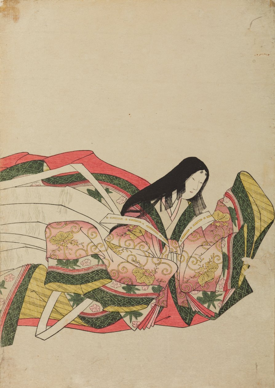 Una dama di corte seduta, rivolta verso destra, illustrazione tratta dall’album: Trentasei poetesse / Nishiki-zuri onna sanju e-zukushi da Chobunsai Eishi